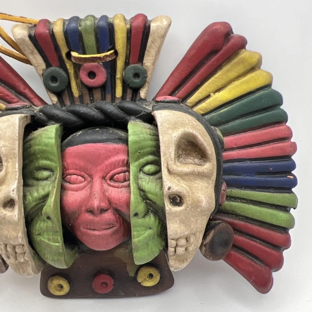 Mexico Three Ages Of Man Face Mask 3D Aztec Mayan Terracotta Pottery Art 7